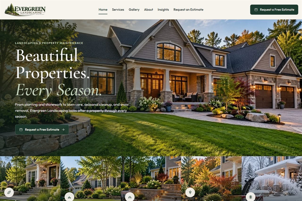 Homepage of the Evergreen Landscaping demonstration: a stone and shingle house at dusk, under the headline Beautiful Properties. Every Season.