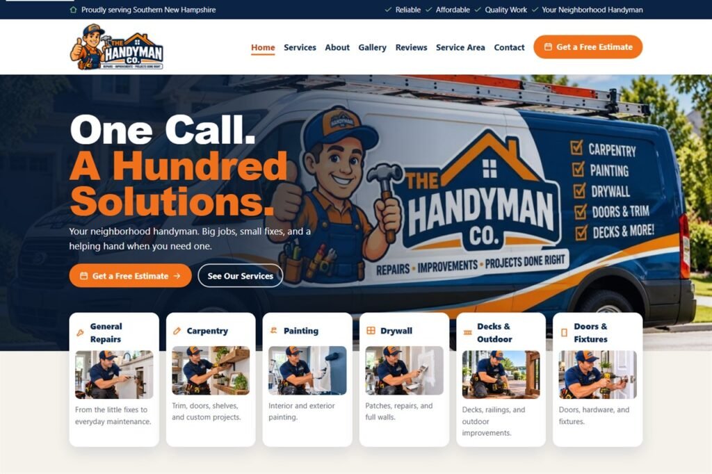 Homepage of The Handyman Co. demonstration: navy header, the headline One Call. A Hundred Solutions., and the branded service van.