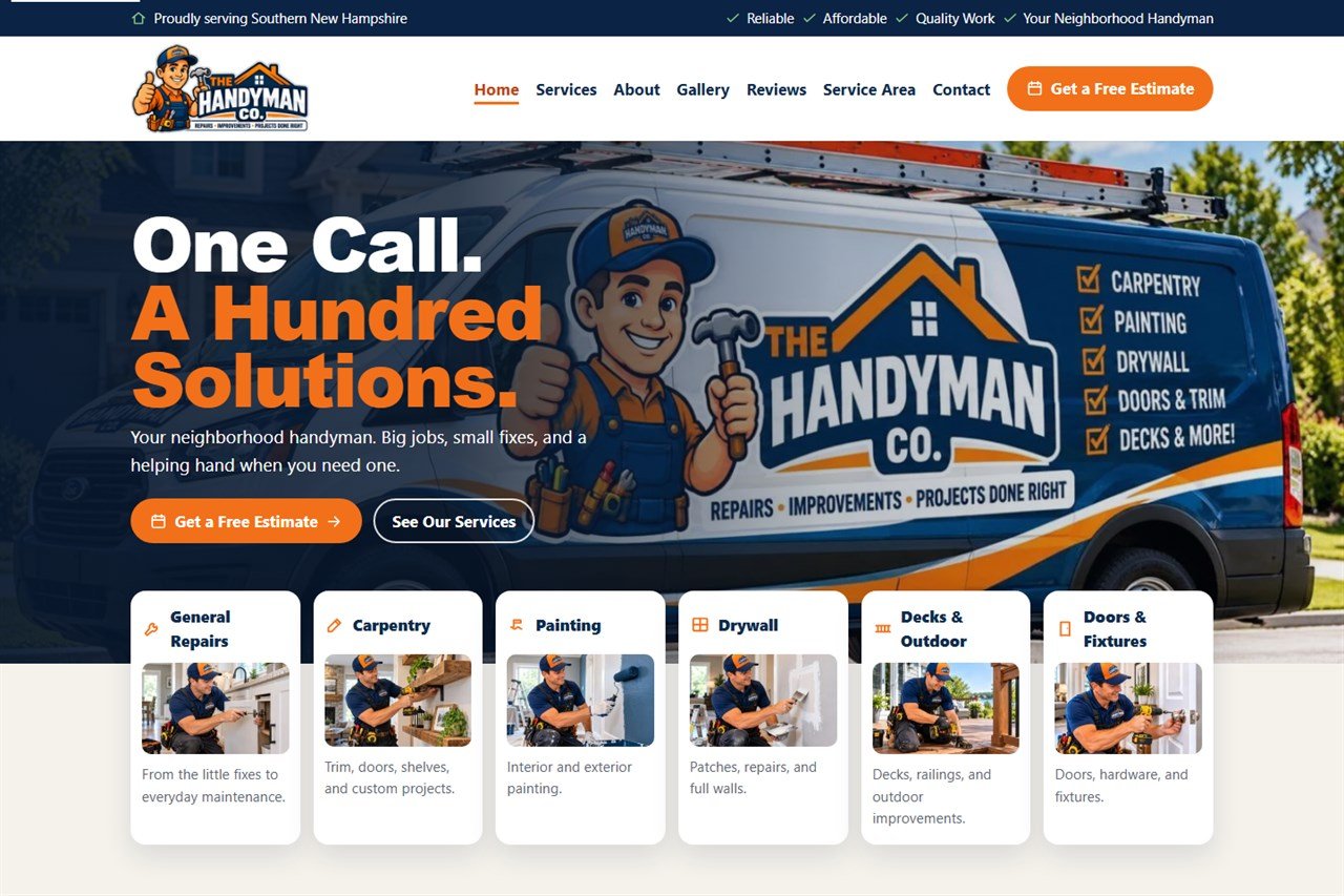 Homepage of The Handyman Co. demonstration: navy header, the headline One Call. A Hundred Solutions., and the branded service van.