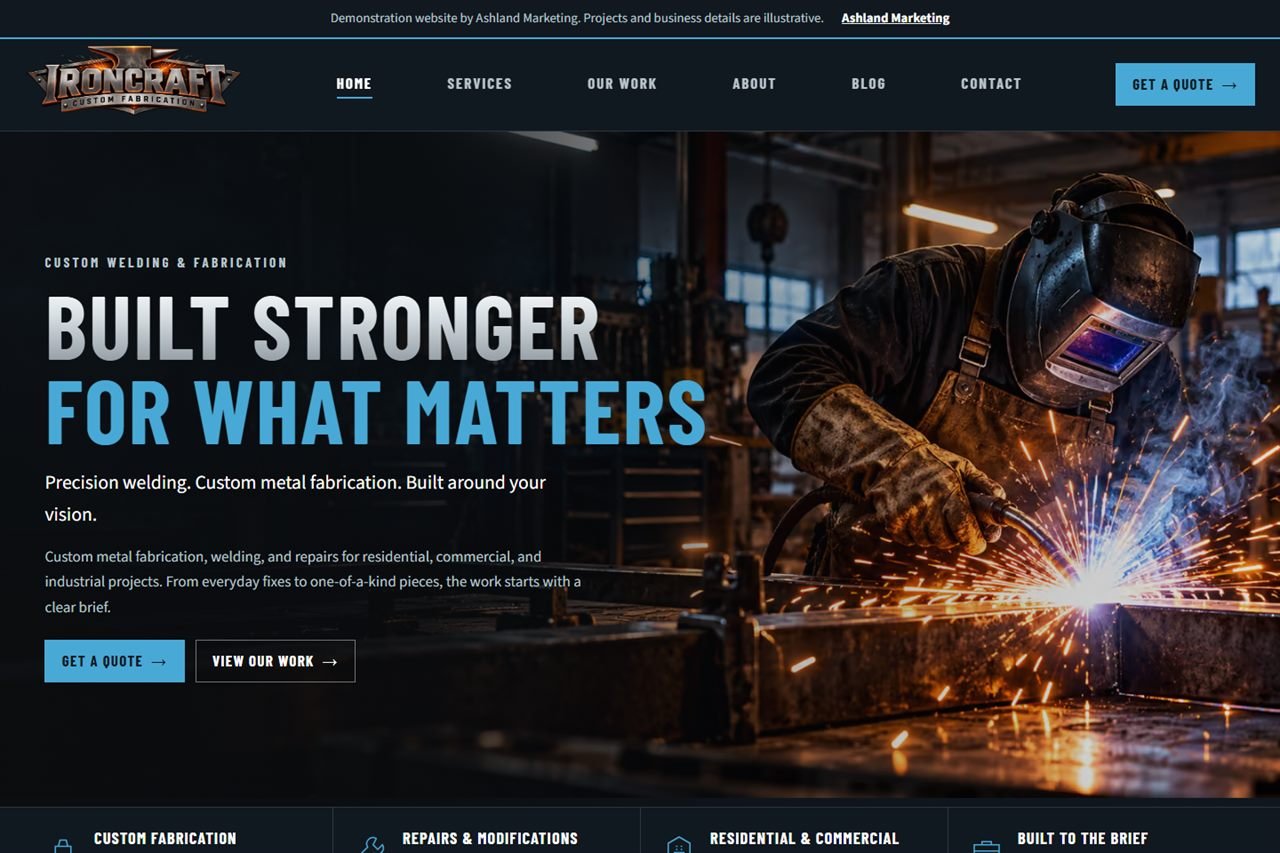 Homepage of the IRONCRAFT Custom Fabrication demonstration: a welding and metalwork design with the headline Built stronger for what matters.