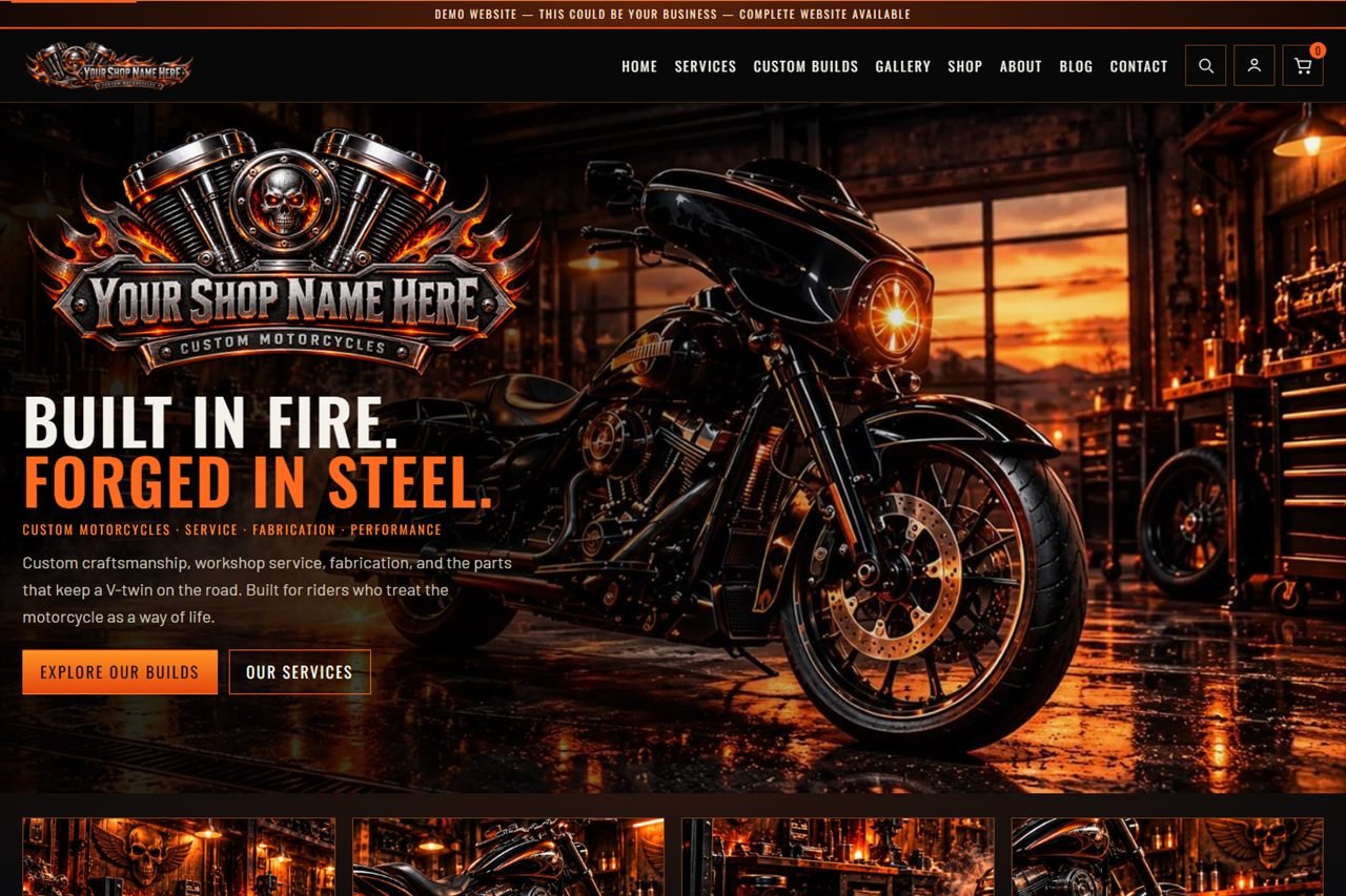 Homepage of the V-Twin Custom Motorcycles demonstration: a black motorcycle in a sunset workshop, under the headline Built in fire. Forged in steel.